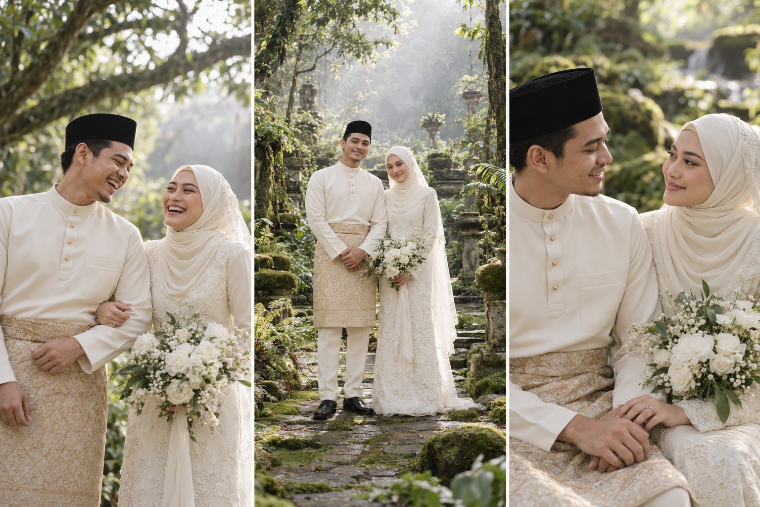 AI-generated placeholder collage of a Malay couple in ivory traditional wedding attire in a misty garden