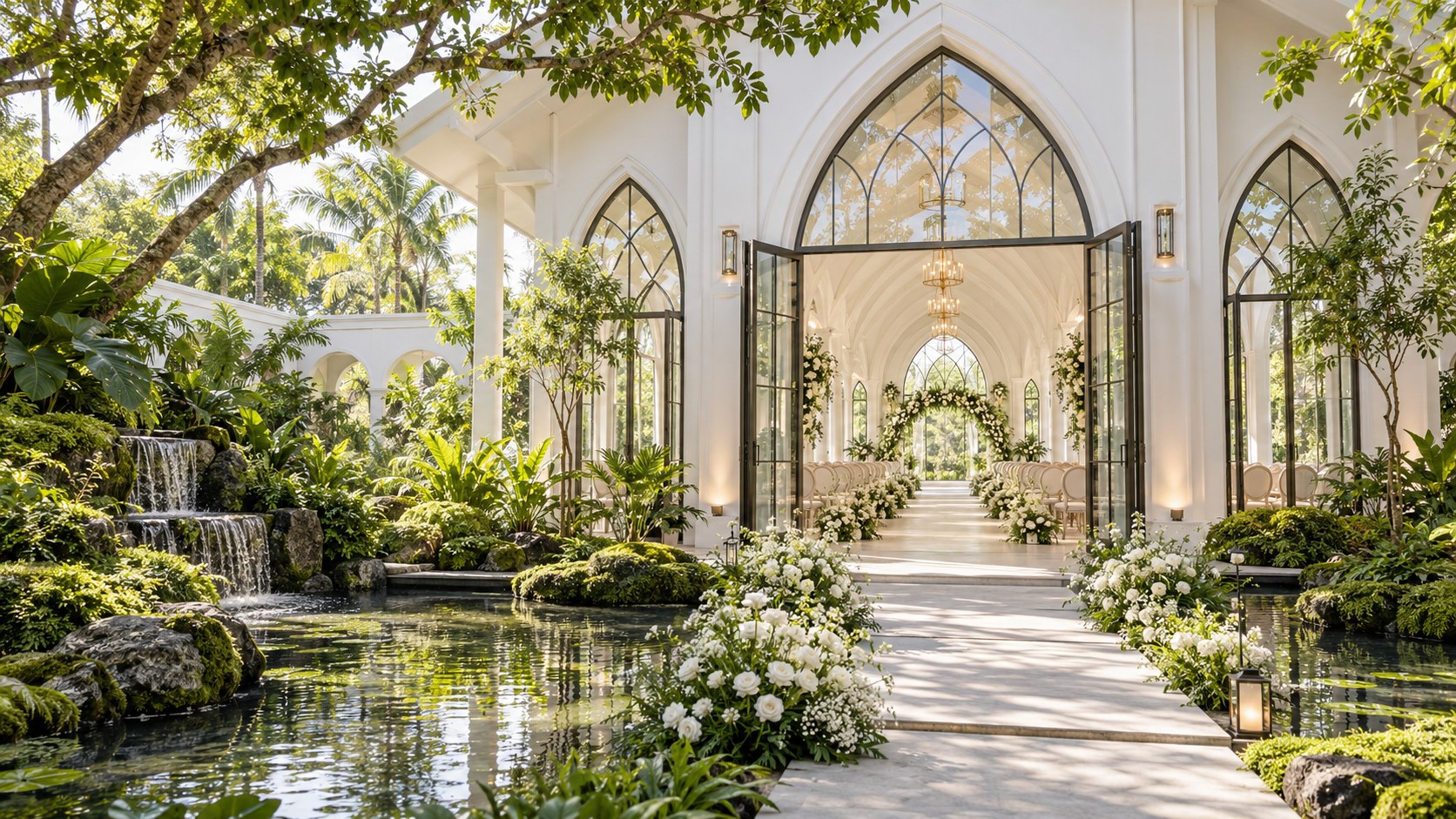 Illustration of an airy white garden wedding hall